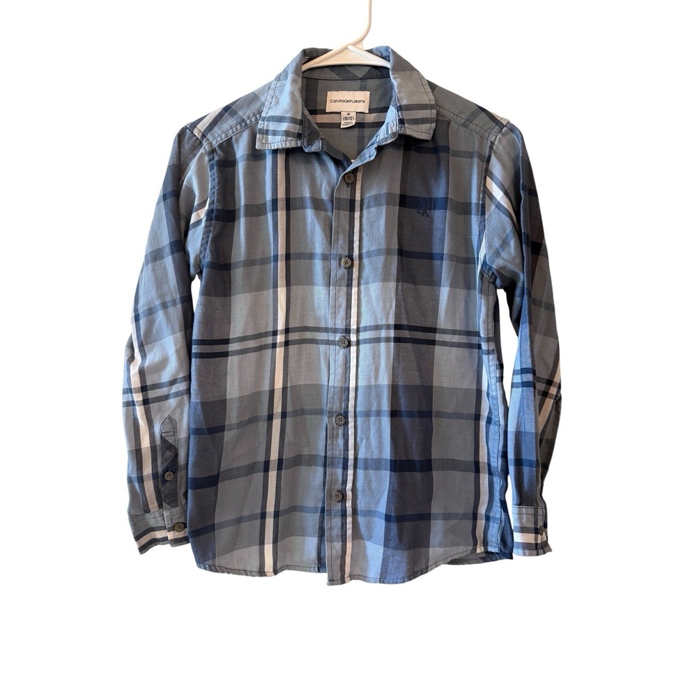 Boys Blue Plaid Button Down Shirt M 10/12 Calvin Klein Jeans Long Sleeve